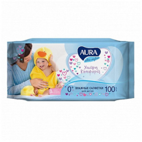 Салфетки влажные Aura "Ultra comfort", 100шт, детские, универсал. очищающие, без спирта