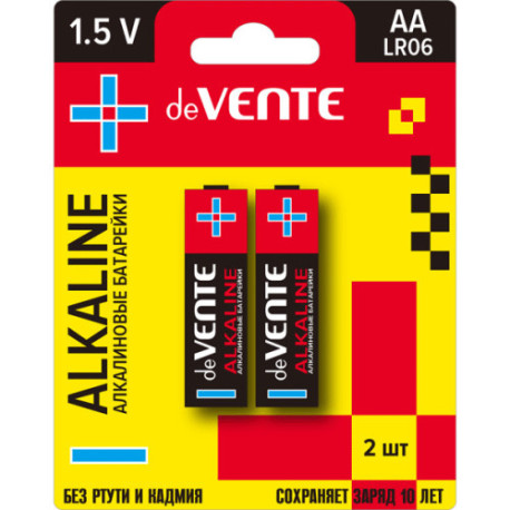 Батарейки алкалиновая, AA, LR06, 1,5В, 2 шт в блистере, "deVENTE. Alkaline"