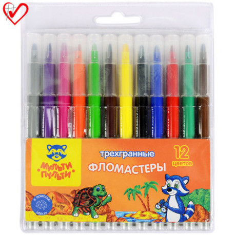 Фломастеры 12 цветов, утолщ. пиш.узел, трехгранные, смываемые, блистер, Мульти-Пульти "Енот на Сейшелах",