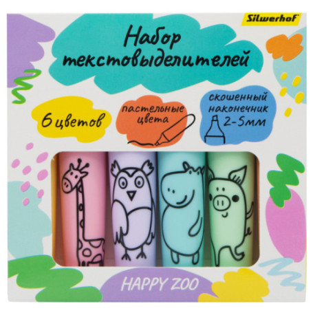 Набор текстовыделителей Silwerhof Happy Zoo 2-5 мм тонкий 6цв. ассорти коробка с европодвесом
