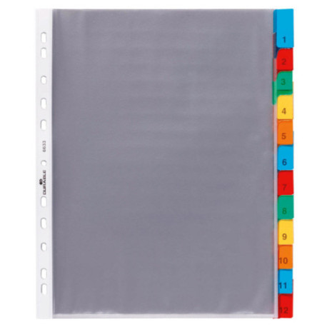 Разделитель листов цифровой 1-12, 12 листов, пластик, серый/ассорти, A4, с карманами, Durable